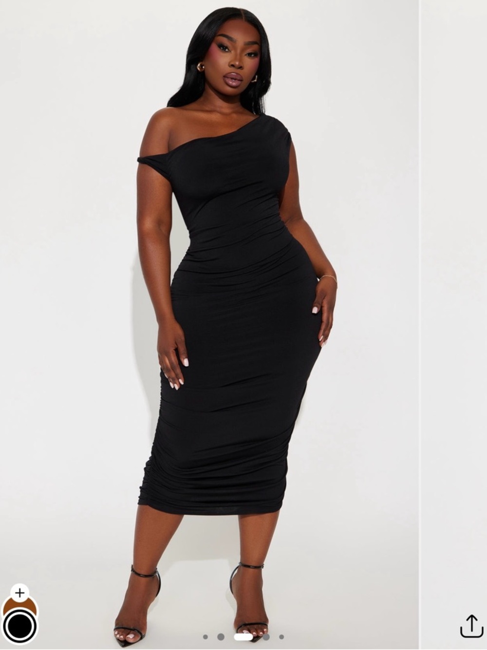 Fashion Nova One-Shoulder Black Ruched Midi Dress